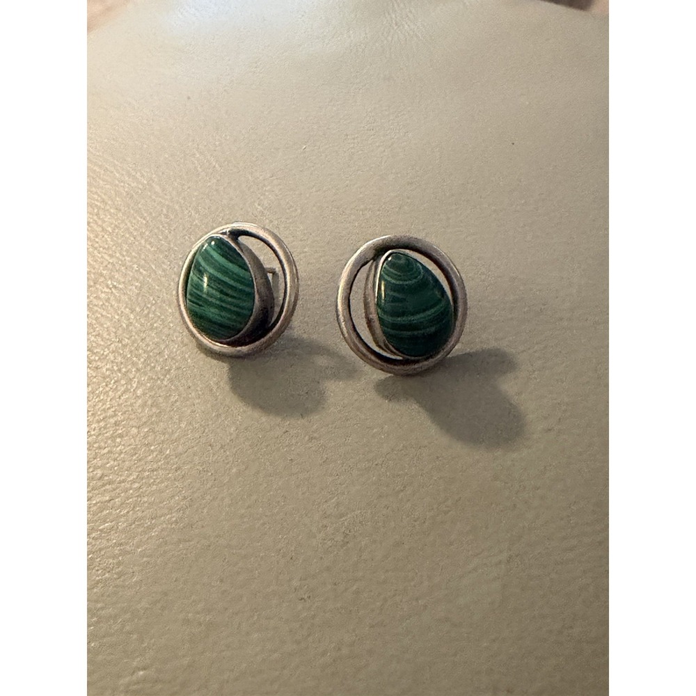 Vintage Sterling SIlver Malachite Modernist Post Earrings Mexico #594